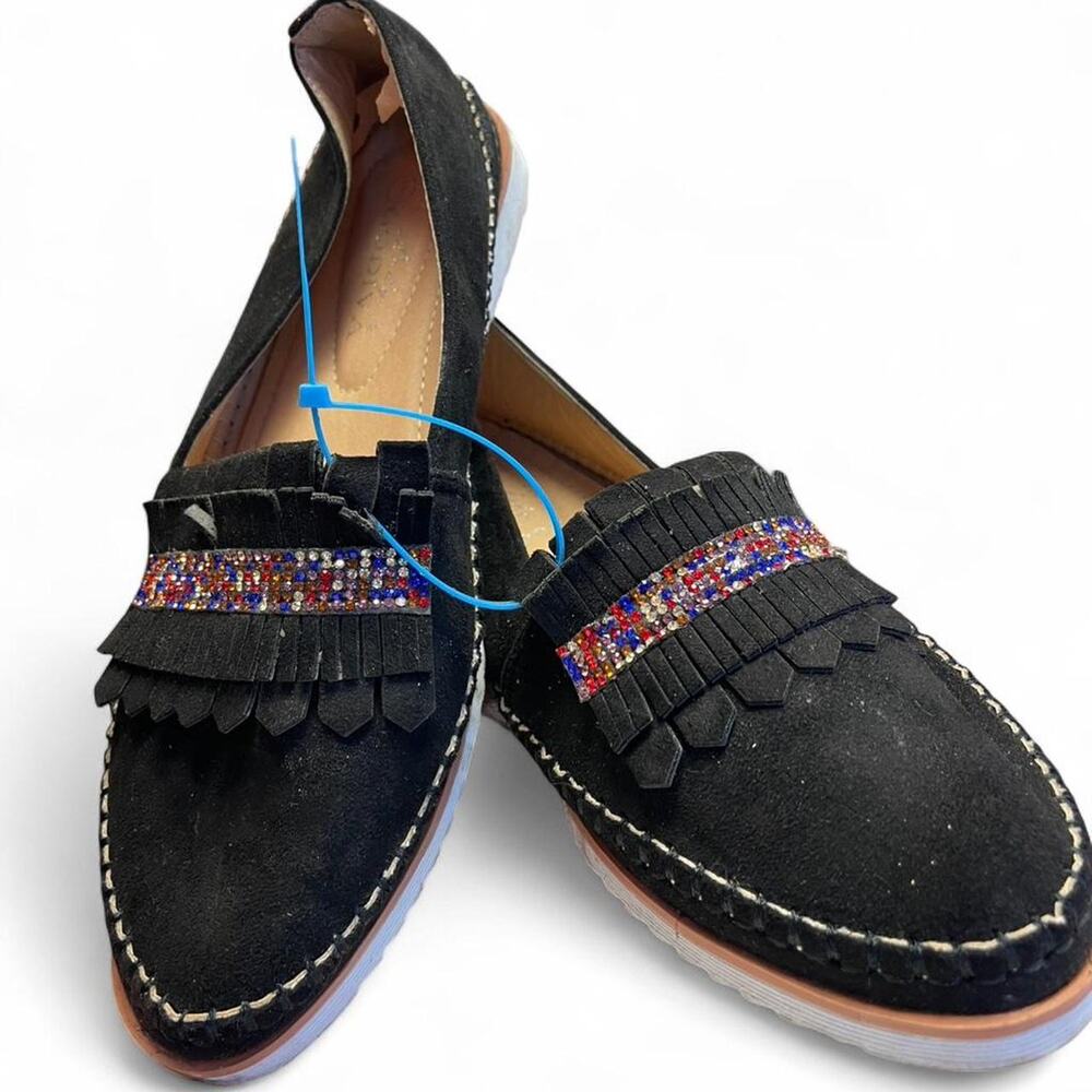 Black suede fringe loafers